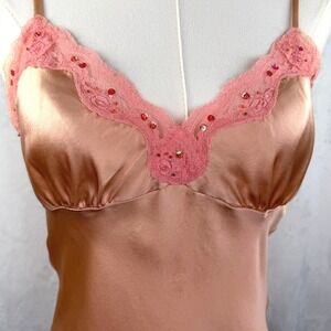 Vintage Gold Hawk Silk Lace Beaded Cami Pink Y2K Romantic Coquette Top S